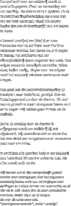 Uw opdracht voor uw schilderij wordt in productie gegeven direct na verwerking van uw betaling. Die datum kunt u afleiden uit de Faktuur/betalingsbevestiging die u dan van ons per post ontvangt. Vanaf die datum begint dus pas de leveringstijd van 6-8 weken te lopen.